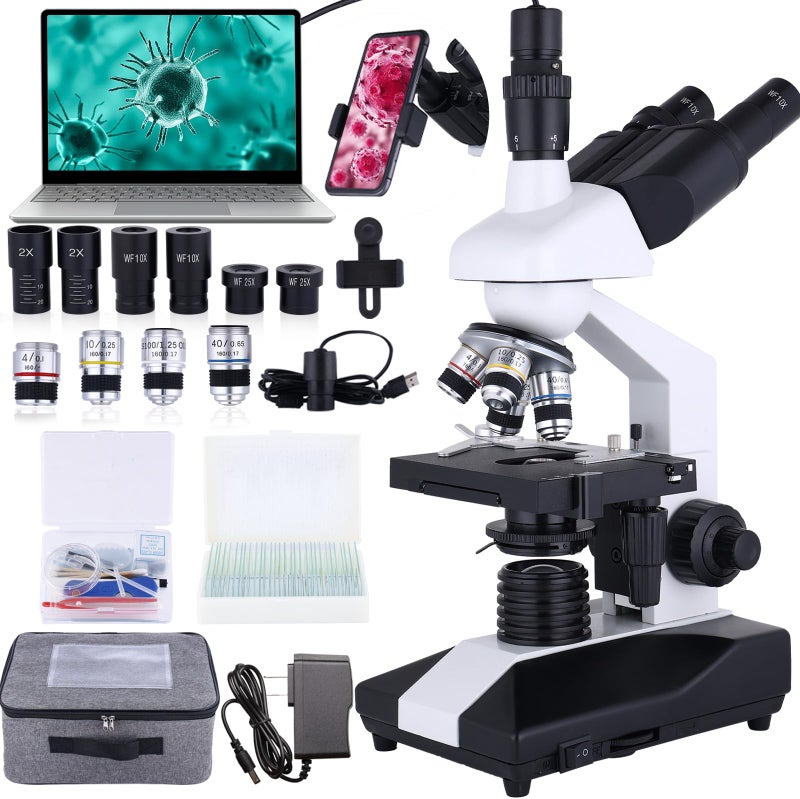 Herwicm Compound Trinocular Microscope 40X-5000X Magnification  Research Grade Professional Microscope  Two Levels of Mechanical Stage LED Illumination  USB Video Camera with Microscope for Adults - Image 1